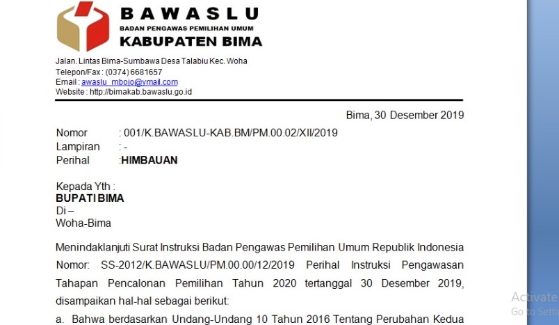 Himbauan Bawaslu Kabupaten Bima